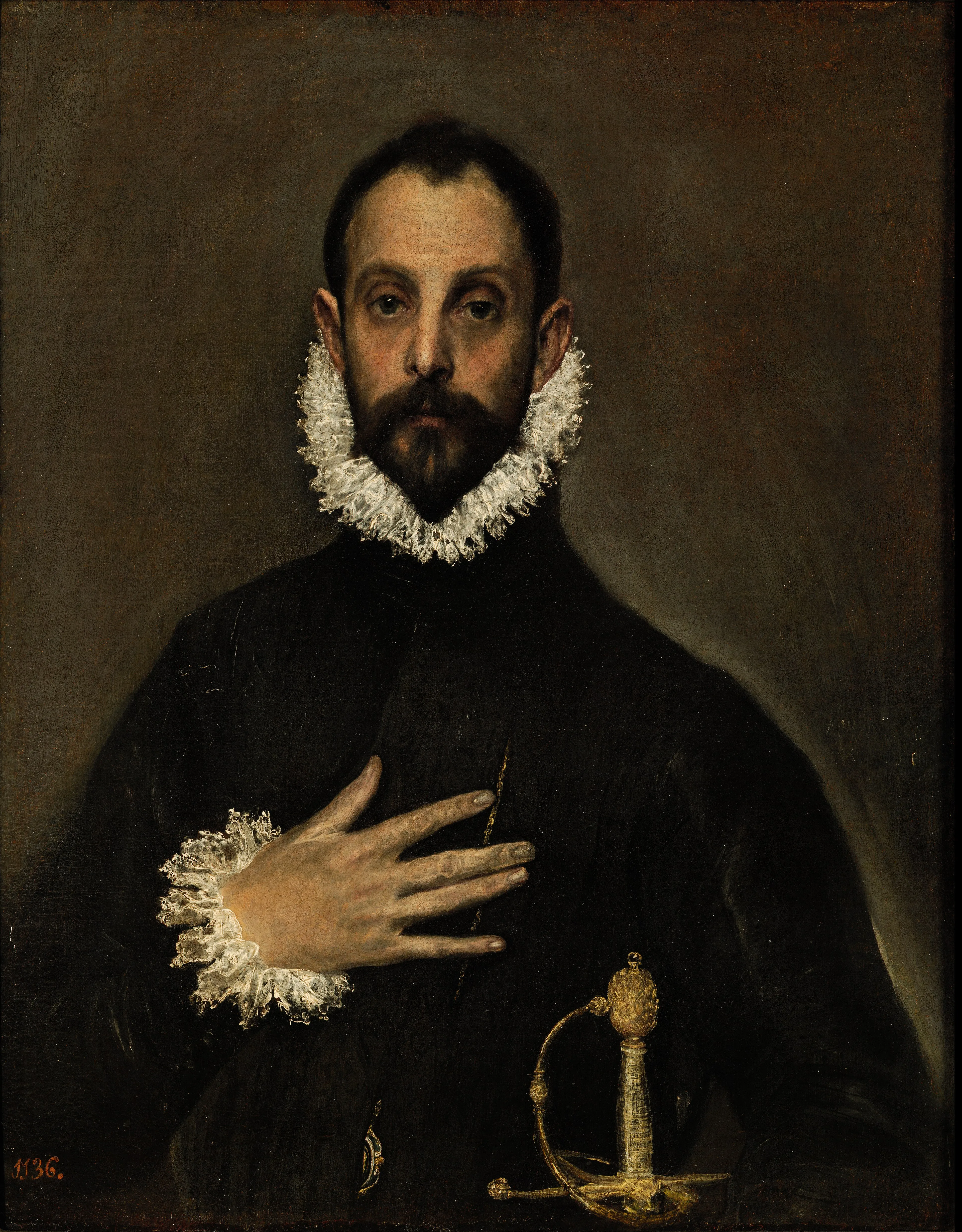 El caballero de la mano en el pecho: hidalgo español de negro con gorguera blanca, la mano sobre el pecho