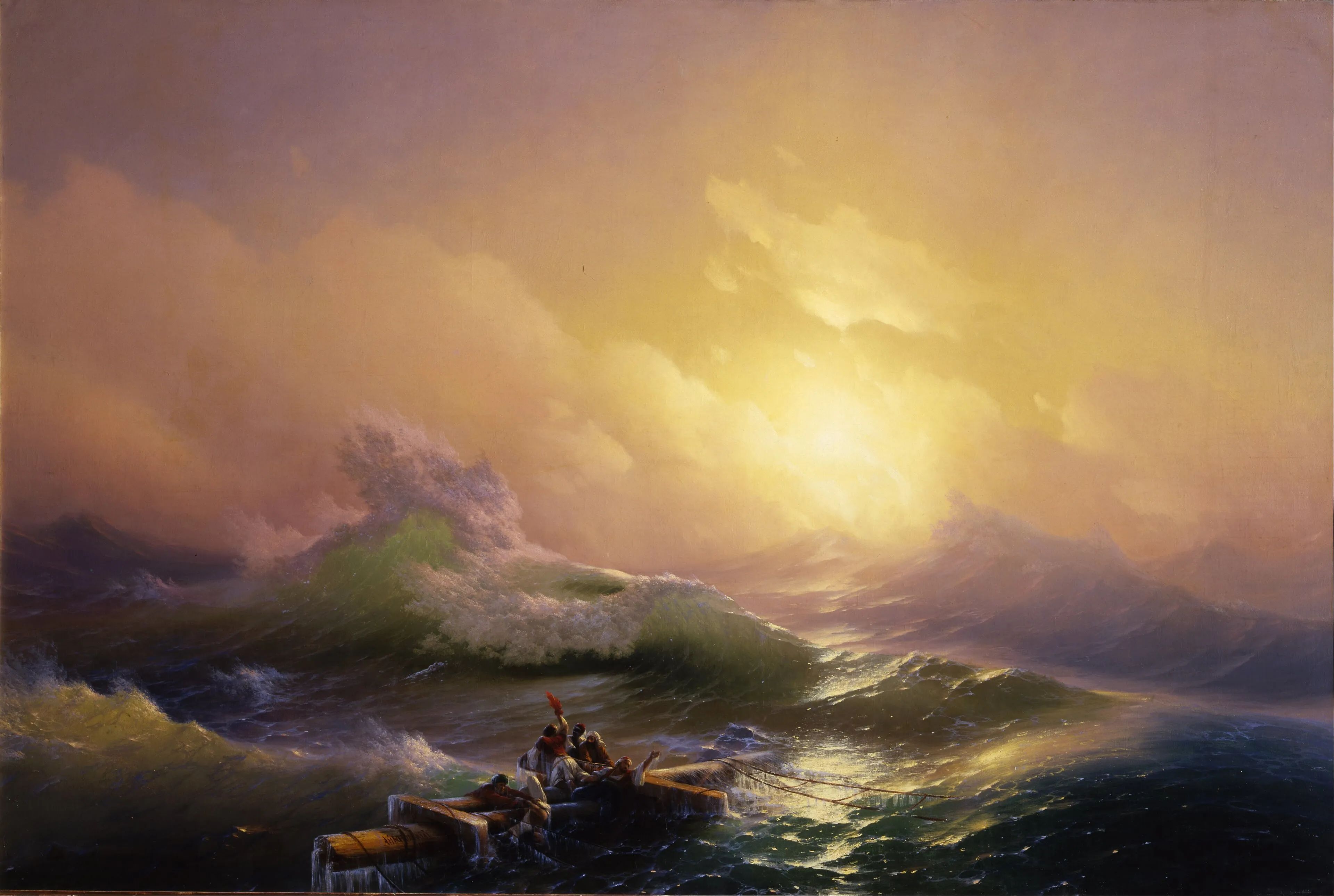 La novena ola: náufragos aferrados a un mástil en forma de cruz bajo la luz del sol que rompe la tormenta en el mar