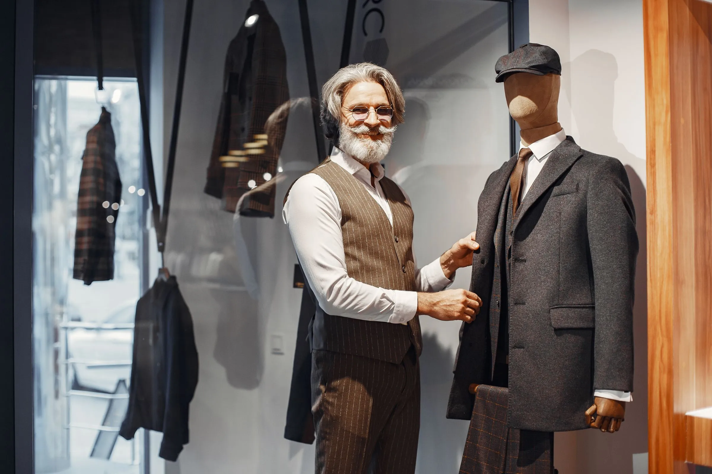 Sastre de chaleco a rayas ajustando la chaqueta de un traje de tres piezas sobre un maniquí
